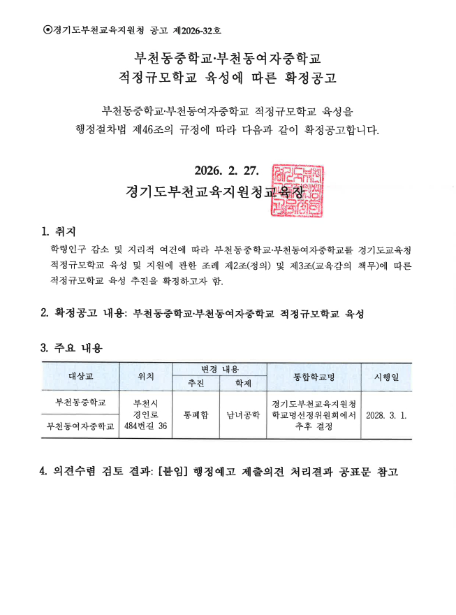 ◎경기도부천교육지원청 공고 제2026-32호  부천동중학교·부천동여자중학교 적정규모학교 육성에 따른 확정공고  부천동중학교·부천동여자중학교 적정규모학교 육성을 행정절차법 제46조의 규정에 따라 다음과 같이 확정공고합니다.  2026. 2. 27. 경기도부천교육지원청교육장 허관국볶산  1. 취지 학령인구 감소 및 지리적 여건에 따라 부천동중학교·부천동여자중학교를 경기도교육청 적정규모학교 육성 및 지원에 관한 조례 제2조(정의) 및 제3조(교육감의 책무)에 따른 적정규모학교 육성 추진을 확정하고자 함.  2. 확정공고 내용: 부천동중학교·부천동여자중학교 적정규모학교 육성  3. 주요 내용  대상교  부천동중학교  부천동여자중학교  위치  부천시 경인로 484번길 36  변경 내용 추진  학제  통폐합  남녀공학  통합학교명  경기도부천교육지원청 학교명선정위원회에서 추후 결정  시행일  2028.3.1.  4. 의견수렴 검토 결과: [붙임] 행정예고 제출의견 처리결과 공표문 참고